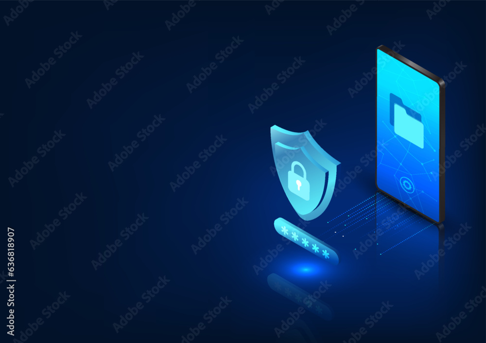 Poster smartphone technology the screen has a phone data file along with a shield and a lock. refers to the