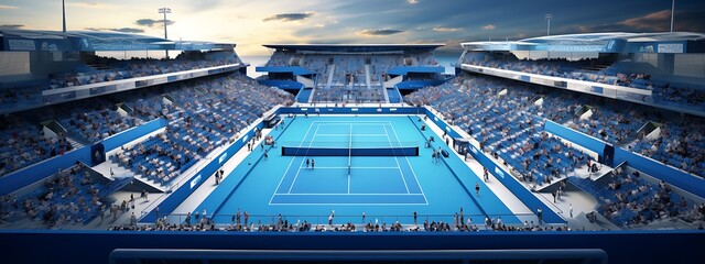 Tennis court with blue seats and blue sky, 3d rendering