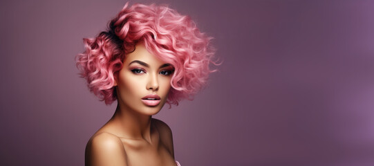 Beautiful stylish young woman with short pink curly hair on pink trendy background Generative AI.