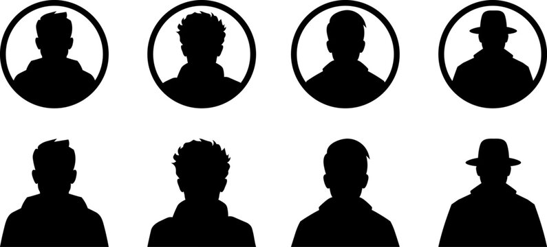 Black portrait silhouette boy man avatar set