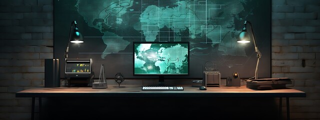 Computer on desk with world map and lamp