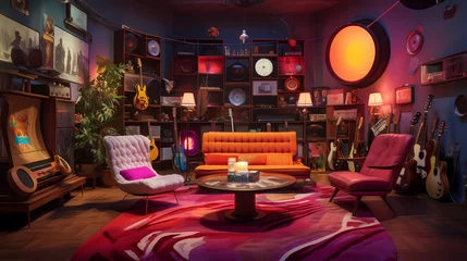 Deurstickers record lounge with retro furnishings and psychedelic decor © ginstudio