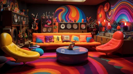 Tuinposter record lounge with retro furnishings and psychedelic decor © ginstudio