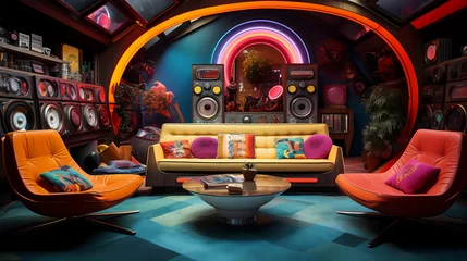 Fototapeten record lounge with retro furnishings and psychedelic decor © ginstudio