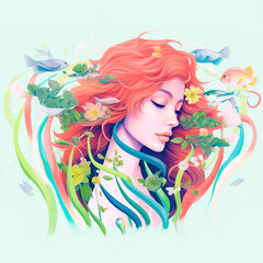 A girl surrounded by streamers of flowers,Dream of the Flower Sea,Colourful assortment of floral plants or decorations