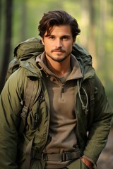 Obraz premium Handsome explorer walking in the wilderness