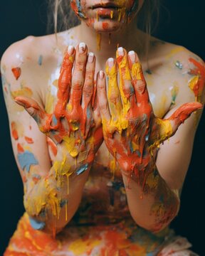 Portrait of a woman with multicolored body paint shows her hands. In the style of messy, colorful realism.