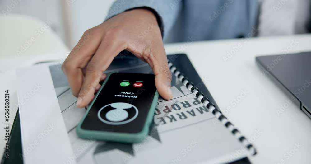 Poster closeup, hand and a person with a phone call at a desk for decline, business and busy at work. work,