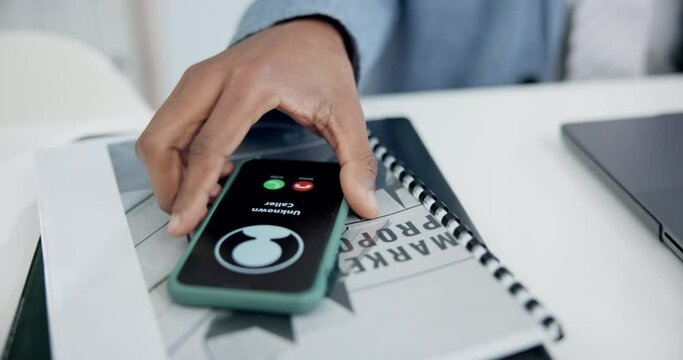 Closeup, hand and a person with a phone call at a desk for decline, business and busy at work. Work, office and a corporate employee with connection, request or social on a mobile in the workplace