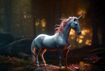 Obraz na płótnie Canvas Mythical white Unicorn posing in an enchanted forest. A unicorn canters through