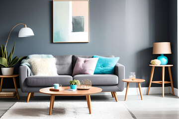 Dark grey armchair with wooden coffee table, orchid and painting near pastel blue wall