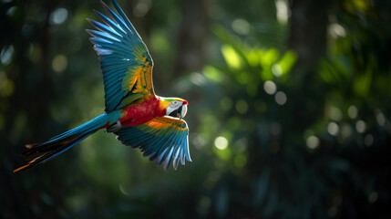 flying macaw beautiful bird. Macaw parrot flying in dark green vegetation. Ara macao in tropical
