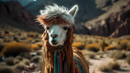 Obraz premium A Llama (Lama glama) at the Andes Mountains. Funny brown smiling alpaca. beautiful handsome alpaca