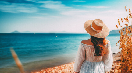 Fototapeta na wymiar Woman wearing a straw hat stands on the beach