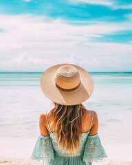 Woman wearing a straw hat stands on the beach