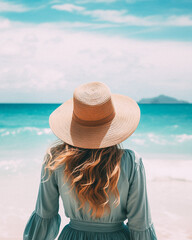 Fototapeta na wymiar Woman wearing a straw hat stands on the beach