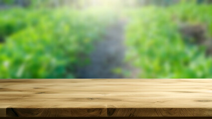 Empty wooden table with green plantation background for product presentation, space for montage showing products