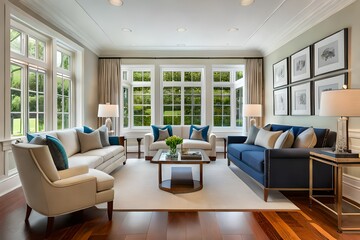 Fototapeta premium Large and open living room den sun room with windows on two sides and lots of natural light flowing in. Rear entrance back door to home. Modern living room.
