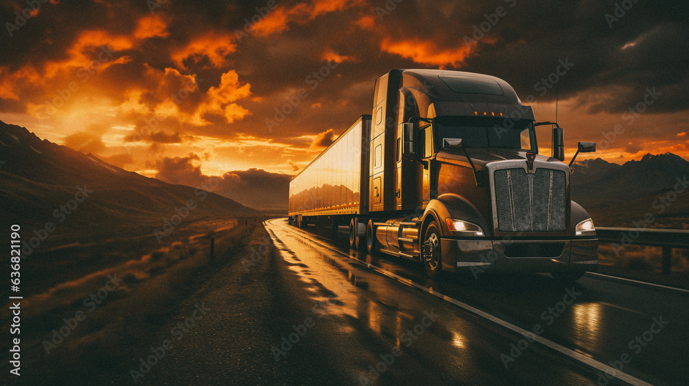 Wall mural truck driving down a highway at sunset