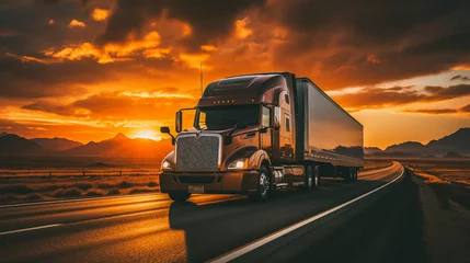 Zelfklevend Fotobehang Truck driving down a highway at sunset © Ricardo Costa