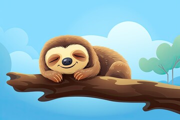 Sloth taking a leisurely nap on a tree branch, its eyes closed and a contented smile on its face. Cartoon animation and illustration style. Generative AI
