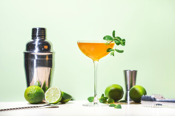 Old Cuban cocktail drink with white rum, lime juice, sparkling wine, syrup, bitter, mint and ice. Light green background, hard light, shadow pattern
