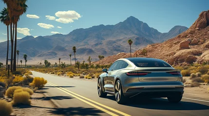 Papier Peint photo Arizona In the desert, an electric vehicle travels over an asphalt road..