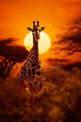 a group of giraffes walk in line and make a row in the savana africa in sunset with giant sun, super tele lense photograph, side angle, hyper realistic, dramatic light and shadows. - obrazy, fototapety, plakaty