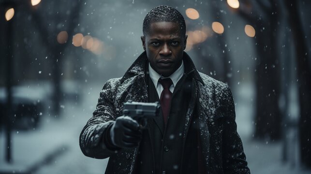 In the snow, a figure wearing clothing and clutching a gun.