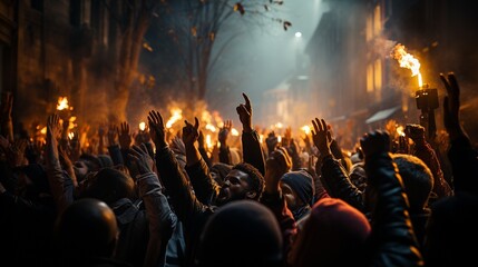 raised fists in the midst of the rioting mob. - obrazy, fototapety, plakaty