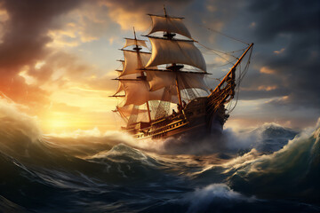 high sea with giant dramatic wave in the storm, a huge pirate sailing ship sailed above it, hyper realistic, dramatic light and shadows, sunset behind the storm clouds, create using generative AI tool - obrazy, fototapety, plakaty