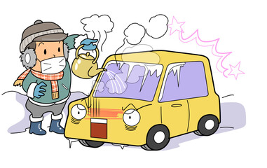 お湯で車体の氷を溶かす