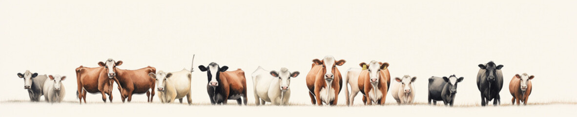 Fototapeta premium A Minimal Watercolor Banner of a Row of Cows on a White Background