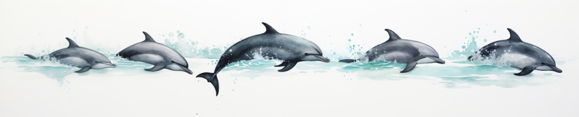 A Minimal Watercolor Banner of a Row of Dolphins on a White Background