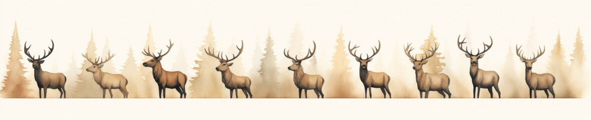 A Minimal Watercolor Banner of a Row of Elk on a White Background