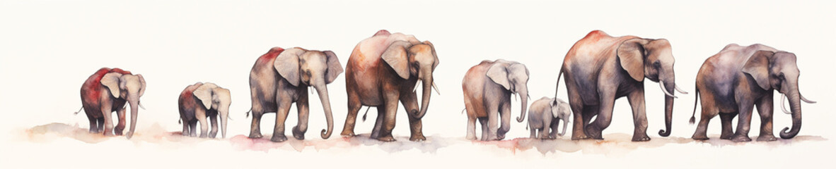 A Minimal Watercolor Banner of a Row of Elephants on a White Background