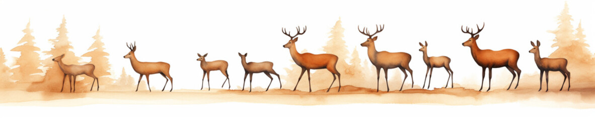 Naklejka na ściany i meble A Minimal Watercolor Banner of a Row of Deer on a White Background