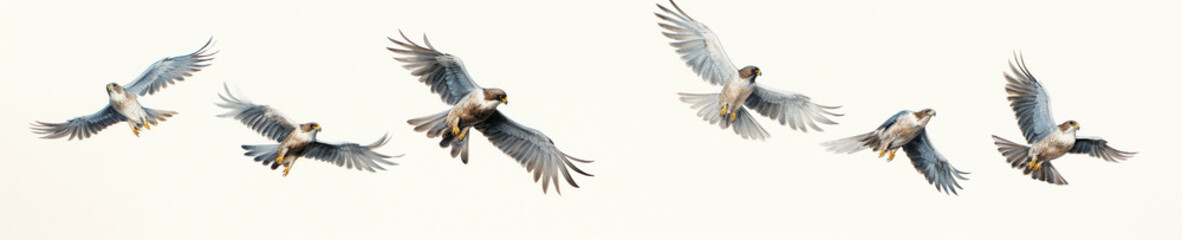 Obraz premium A Minimal Watercolor Banner of a Row of Falcons Flying on a White Background