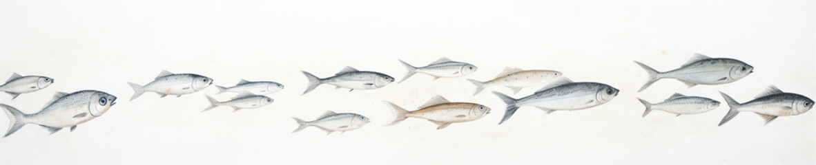 Fototapeta premium A Minimal Watercolor Banner of a Row of Fish on a White Background
