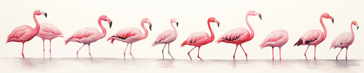 A Minimal Watercolor Banner of a Row of Flamingos on a White Background