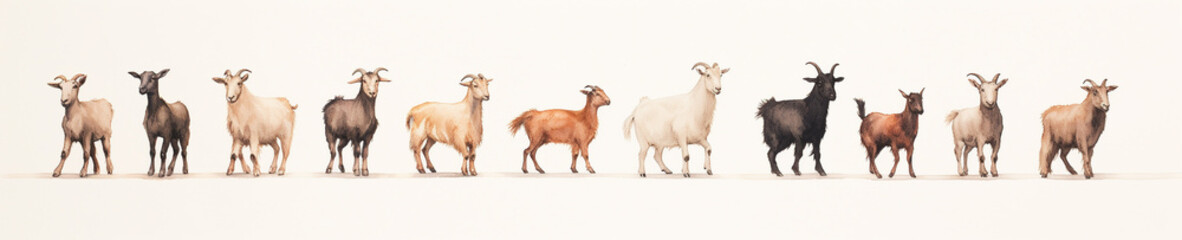 A Minimal Watercolor Banner of a Row of Goats on a White Background