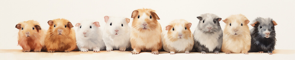 Fototapeta premium A Minimal Watercolor Banner of a Row of Guinea Pigs on a White Background