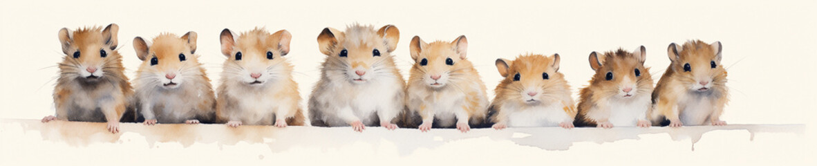 A Minimal Watercolor Banner of a Row of Hamsters on a White Background