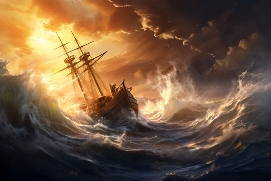 high sea with giant dramatic wave in the storm, a huge pirate sailing ship sailed above it, hyper realistic, dramatic light and shadows, sunset behind the storm clouds, create using generative AI tool