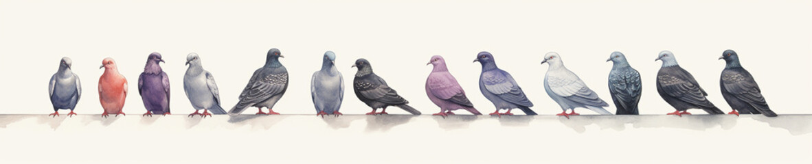 A Minimal Watercolor Banner of a Row of Pigeons on a White Background