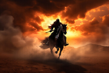 an Arabian warrior with sword raised up on flying jump horse in the Arabian desert at sunset, side angle, scattering flying huge dust, hyper realistic, dramatic light and shadows.