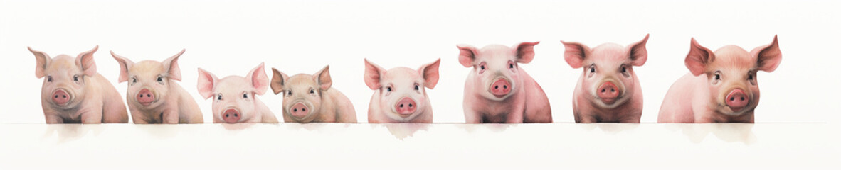 A Minimal Watercolor Banner of a Row of Pigs on a White Background