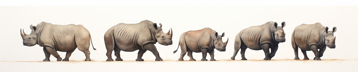 Naklejka premium A Minimal Watercolor Banner of a Row of Rhinos on a White Background