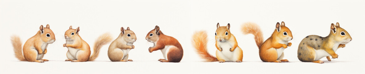 Fototapeta premium A Minimal Watercolor Banner of a Row of Squirrels on a White Background