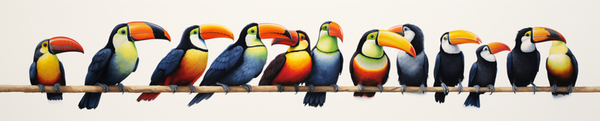 Fototapeta premium A Minimal Watercolor Banner of a Row of Toucans on a White Background